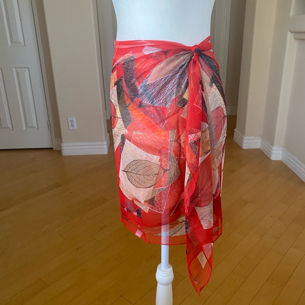 Vibrant Red Leaf Patterned Scarf Sarong Wrap